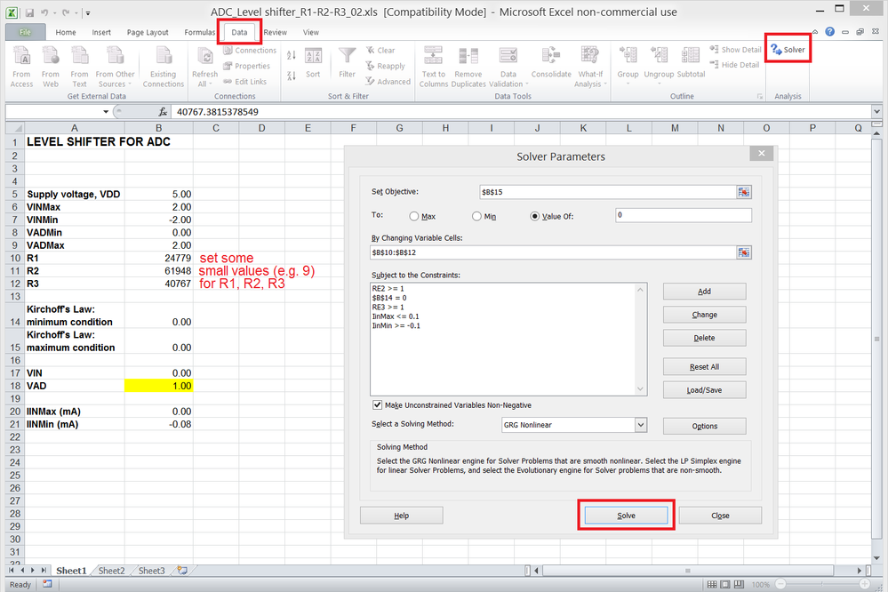 Using Excel spreadsheet solver to obtain R1,R2,R3